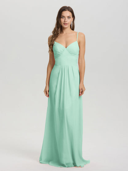 A-Line Spaghetti Straps V-Neck Floor Length Chiffon Bridesmaid Dress