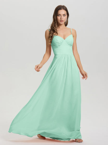 A-Line Spaghetti Straps V-Neck Floor Length Chiffon Bridesmaid Dress