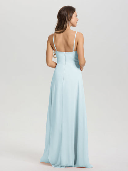 A-Line Spaghetti Straps V-Neck Floor Length Chiffon Bridesmaid Dress