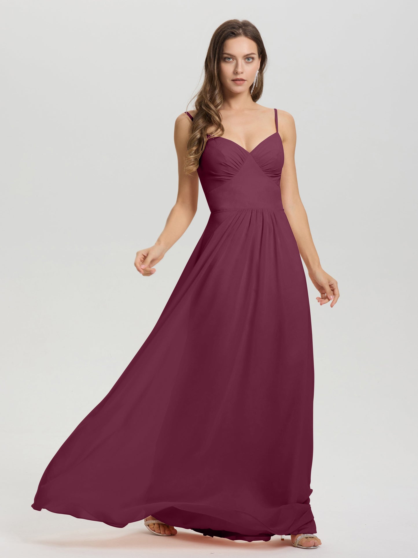 A-Line Spaghetti Straps V-Neck Floor Length Chiffon Bridesmaid Dress