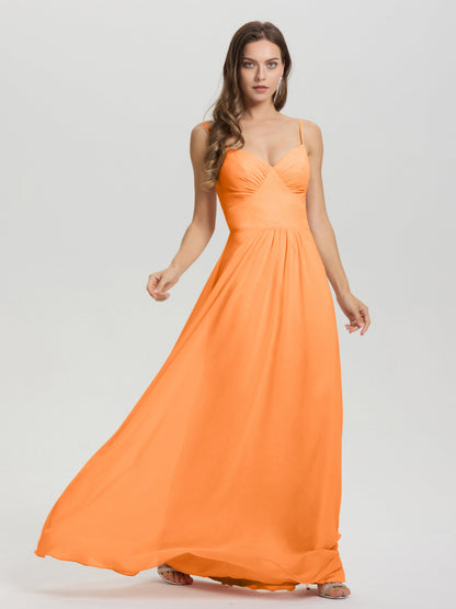 A-Line Spaghetti Straps V-Neck Floor Length Chiffon Bridesmaid Dress