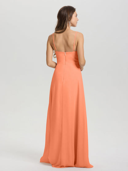 A-Line Spaghetti Straps V-Neck Floor Length Chiffon Bridesmaid Dress
