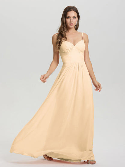 A-Line Spaghetti Straps V-Neck Floor Length Chiffon Bridesmaid Dress