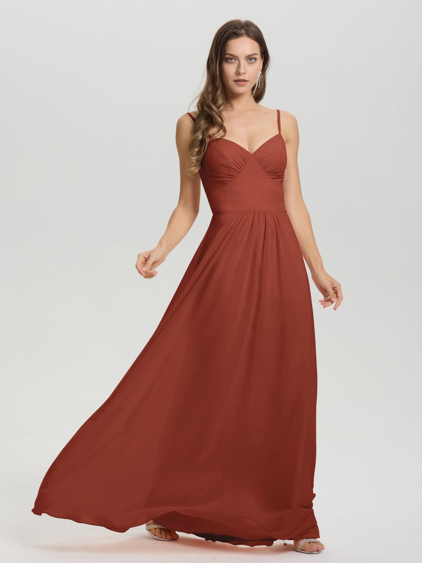 A-Line Spaghetti Straps V-Neck Floor Length Chiffon Bridesmaid Dress