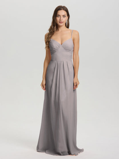 A-Line Spaghetti Straps V-Neck Floor Length Chiffon Bridesmaid Dress