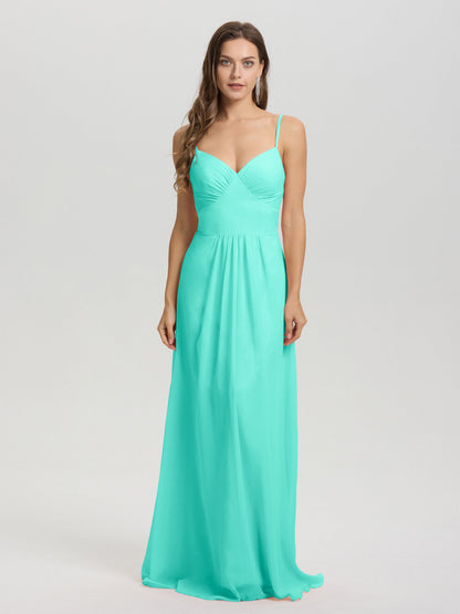 A-Line Spaghetti Straps V-Neck Floor Length Chiffon Bridesmaid Dress