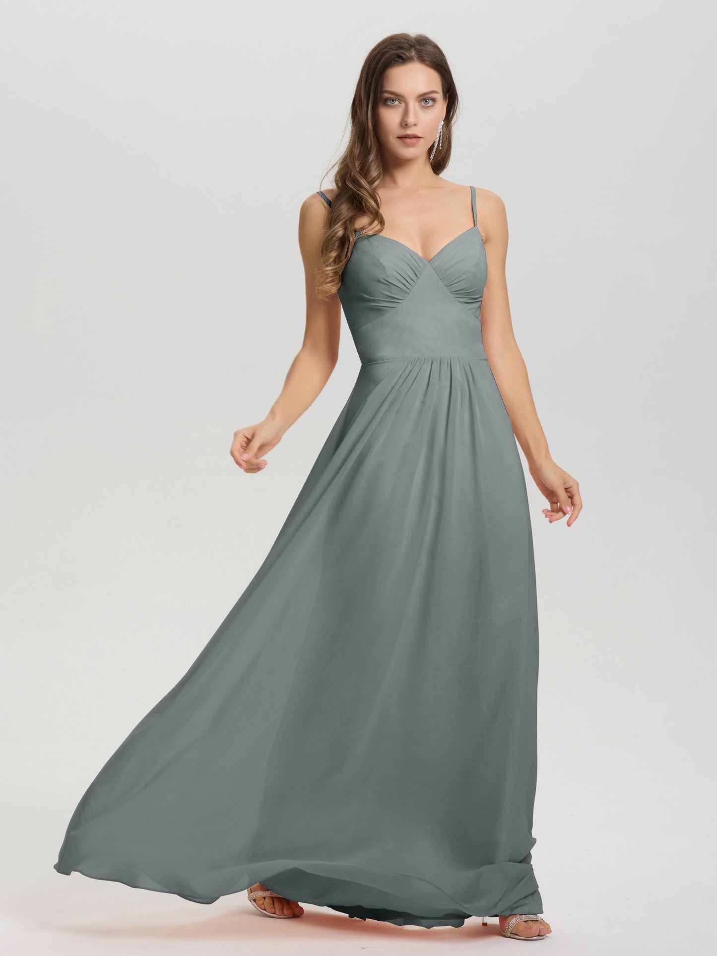 A-Line Spaghetti Straps V-Neck Floor Length Chiffon Bridesmaid Dress
