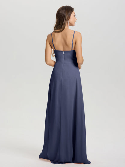 A-Line Spaghetti Straps V-Neck Floor Length Chiffon Bridesmaid Dress