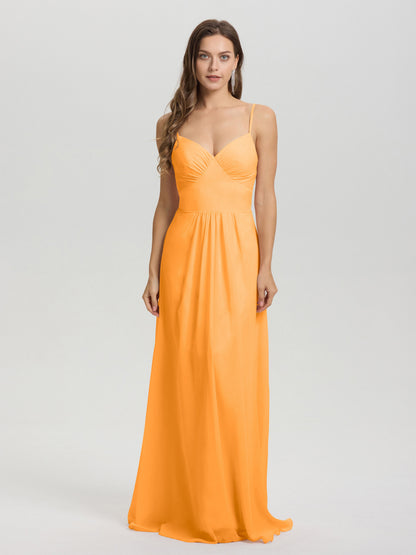A-Line Spaghetti Straps V-Neck Floor Length Chiffon Bridesmaid Dress