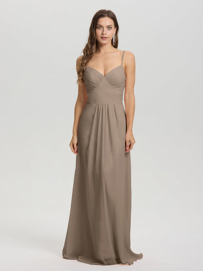 A-Line Spaghetti Straps V-Neck Floor Length Chiffon Bridesmaid Dress