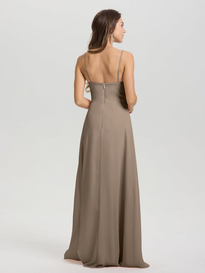 A-Line Spaghetti Straps V-Neck Floor Length Chiffon Bridesmaid Dress