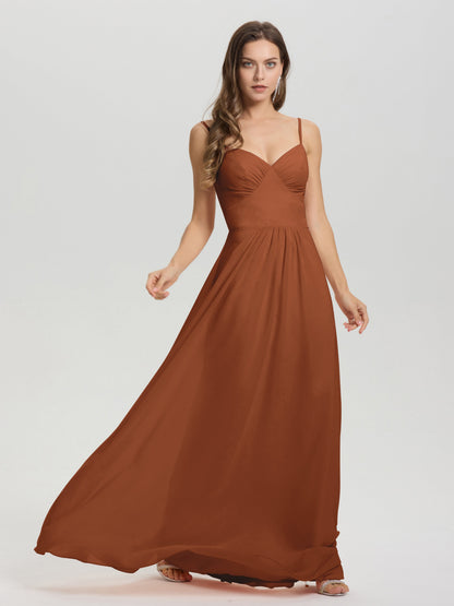 A-Line Spaghetti Straps V-Neck Floor Length Chiffon Bridesmaid Dress
