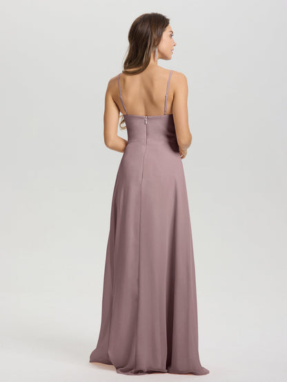 A-Line Spaghetti Straps V-Neck Floor Length Chiffon Bridesmaid Dress