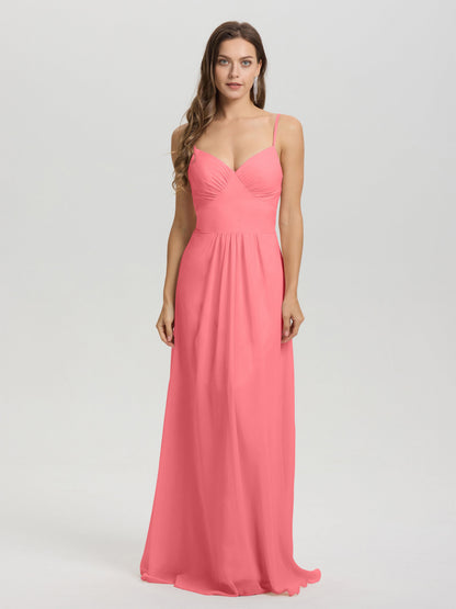 A-Line Spaghetti Straps V-Neck Floor Length Chiffon Bridesmaid Dress