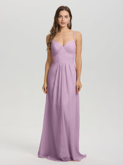 A-Line Spaghetti Straps V-Neck Floor Length Chiffon Bridesmaid Dress