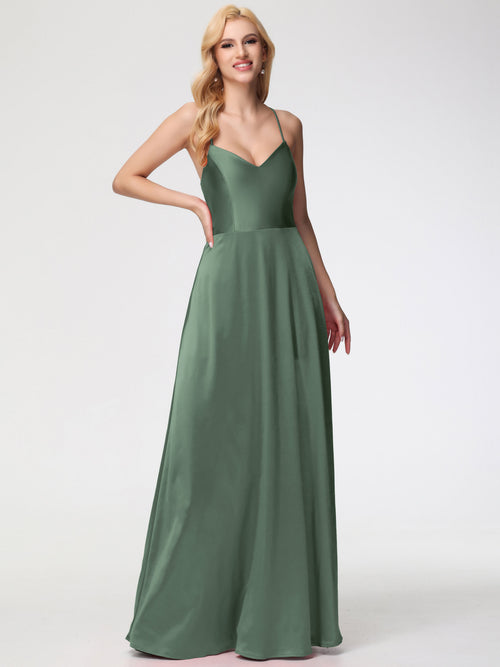 Olive Green Bridesmaids Dresses A Line Spaghetti Straps V-Neck Floor Length Stretch Satin Bridesmaid Dress