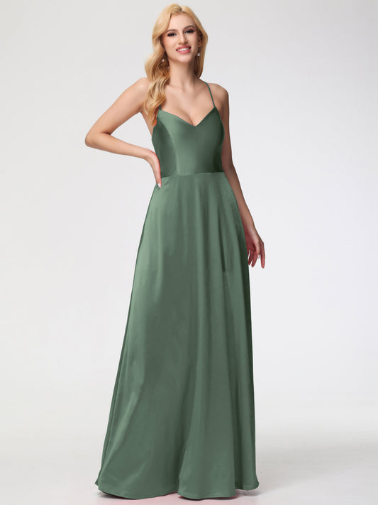 Olive Green Bridesmaids Dresses A Line Spaghetti Straps V-Neck Floor Length Stretch Satin Bridesmaid Dress