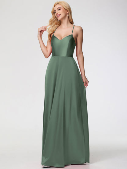 Olive Green Bridesmaids Dresses A Line Spaghetti Straps V-Neck Floor Length Stretch Satin Bridesmaid Dress