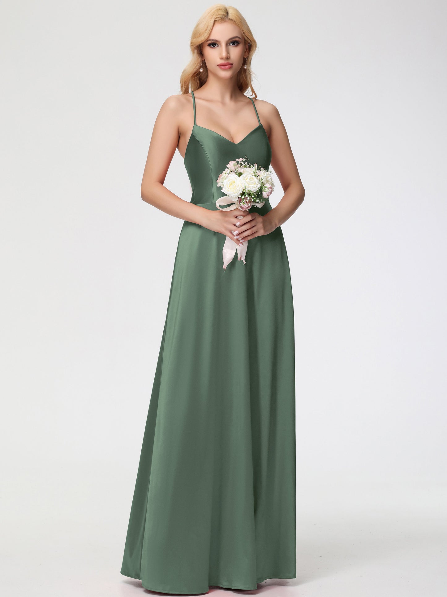 Olive Green Bridesmaids Dresses A Line Spaghetti Straps V-Neck Floor Length Stretch Satin Bridesmaid Dress