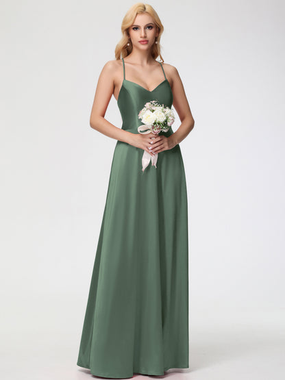 Olive Green Bridesmaids Dresses A Line Spaghetti Straps V-Neck Floor Length Stretch Satin Bridesmaid Dress