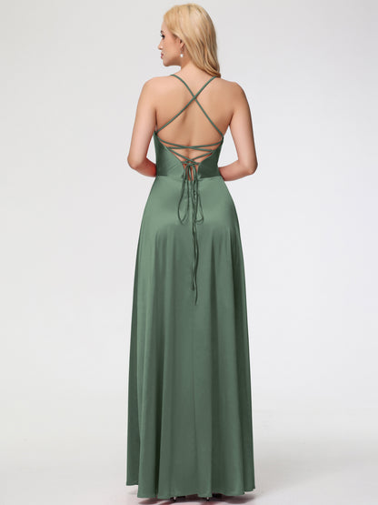 Olive Green Bridesmaids Dresses A Line Spaghetti Straps V-Neck Floor Length Stretch Satin Bridesmaid Dress
