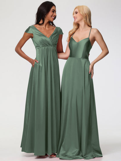 Olive Green Bridesmaids Dresses A Line Spaghetti Straps V-Neck Floor Length Stretch Satin Bridesmaid Dress