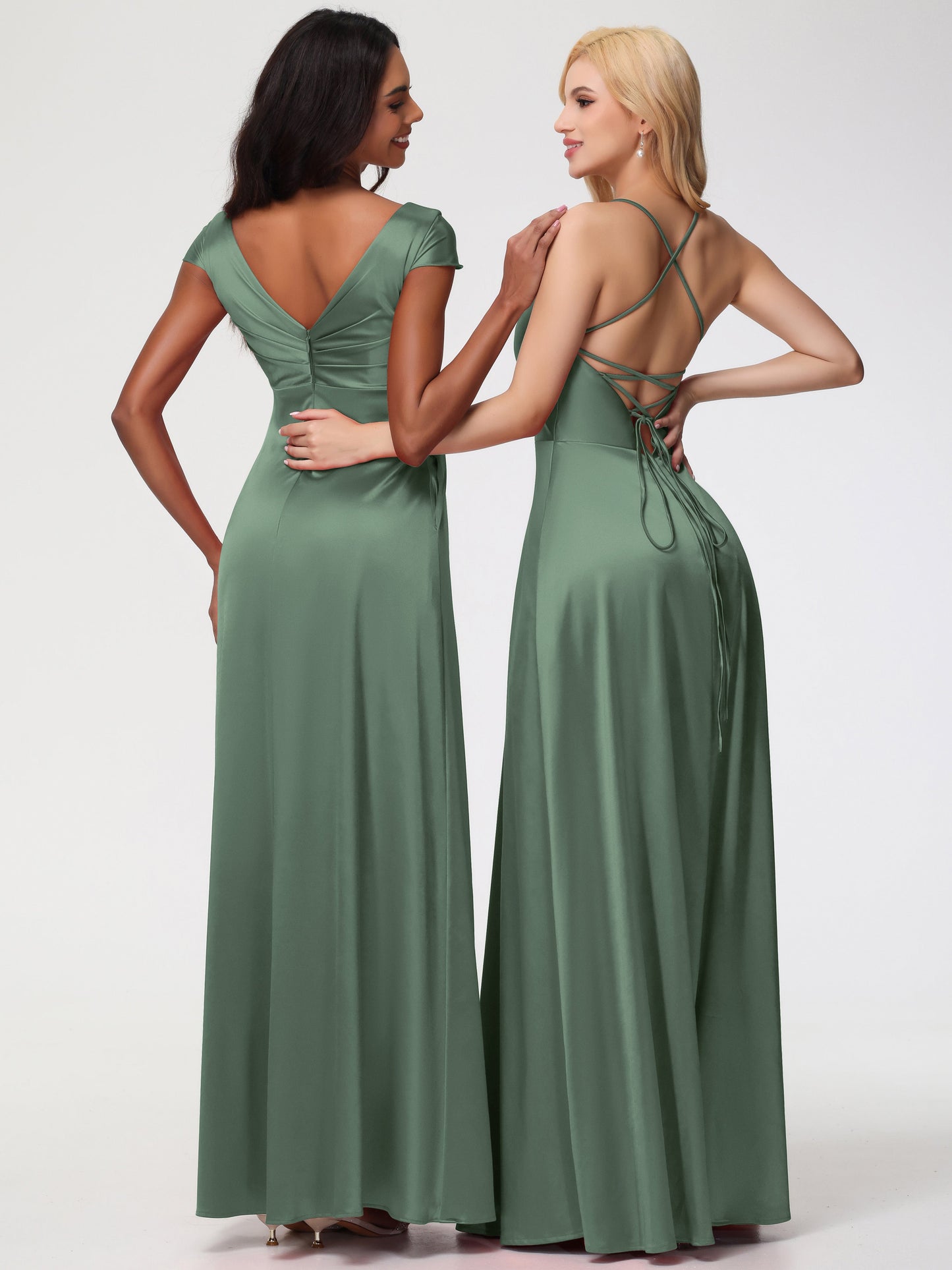 Olive Green Bridesmaids Dresses A Line Spaghetti Straps V-Neck Floor Length Stretch Satin Bridesmaid Dress