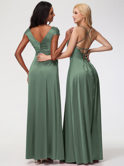 Olive Green Bridesmaids Dresses A Line Spaghetti Straps V-Neck Floor Length Stretch Satin Bridesmaid Dress
