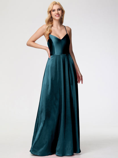 Peacock Wedding Theme Bridesmaid Dresses A Line Spaghetti Straps V-Neck Floor Length Stretch Satin Bridesmaid Dress