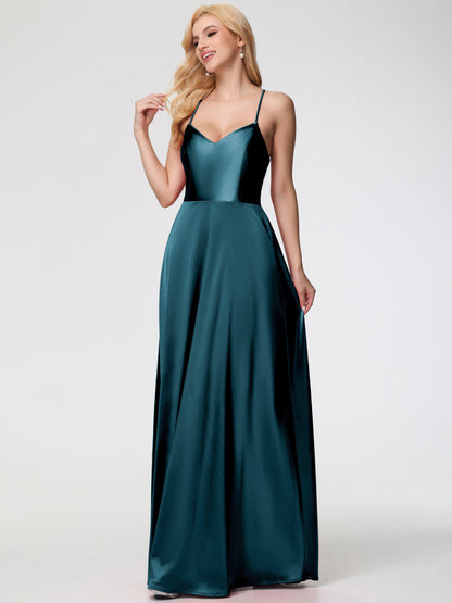 Peacock Wedding Theme Bridesmaid Dresses A Line Spaghetti Straps V-Neck Floor Length Stretch Satin Bridesmaid Dress