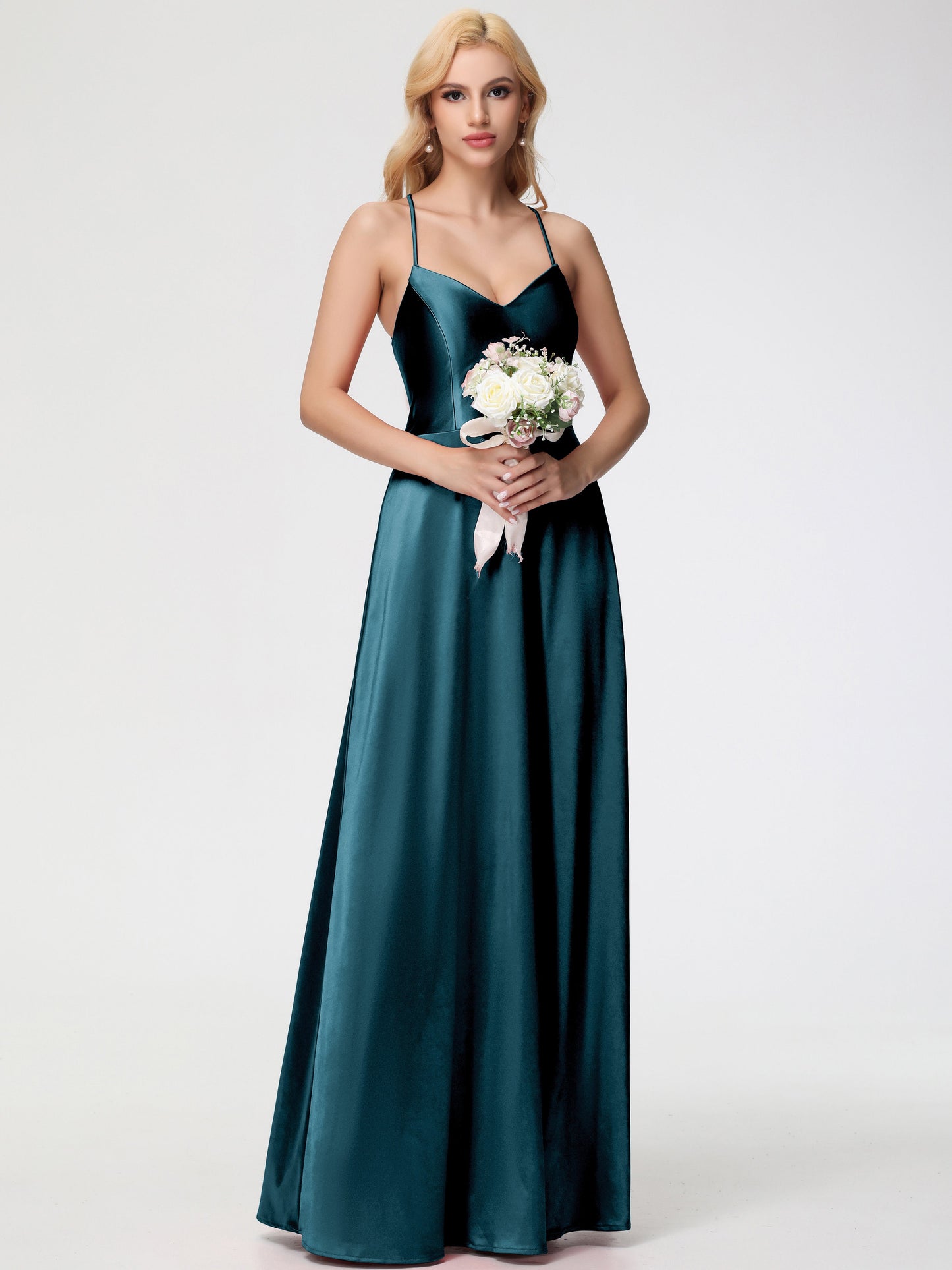 Peacock Wedding Theme Bridesmaid Dresses A Line Spaghetti Straps V-Neck Floor Length Stretch Satin Bridesmaid Dress