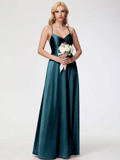 Peacock Wedding Theme Bridesmaid Dresses A Line Spaghetti Straps V-Neck Floor Length Stretch Satin Bridesmaid Dress