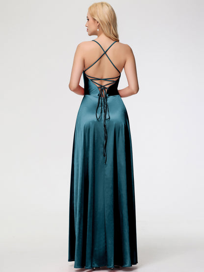 Peacock Wedding Theme Bridesmaid Dresses A Line Spaghetti Straps V-Neck Floor Length Stretch Satin Bridesmaid Dress
