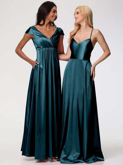 Peacock Wedding Theme Bridesmaid Dresses A Line Spaghetti Straps V-Neck Floor Length Stretch Satin Bridesmaid Dress