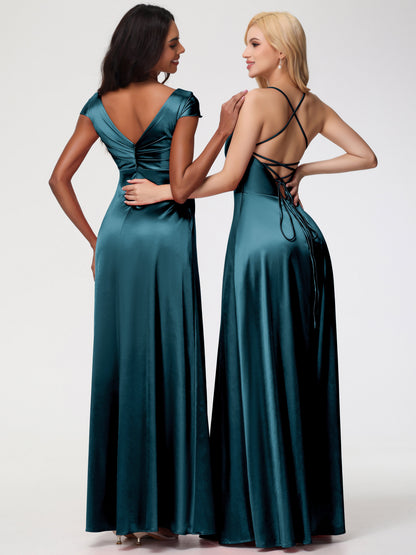 Peacock Wedding Theme Bridesmaid Dresses A Line Spaghetti Straps V-Neck Floor Length Stretch Satin Bridesmaid Dress