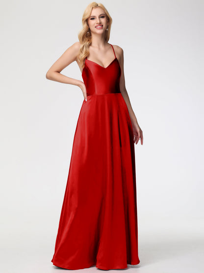 Red Bridesmaid Dress A Line Spaghetti Straps V-Neck Floor Length Stretch Satin Bridesmaid Dress