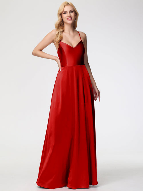 Red Bridesmaid Dress A Line Spaghetti Straps V-Neck Floor Length Stretch Satin Bridesmaid Dress