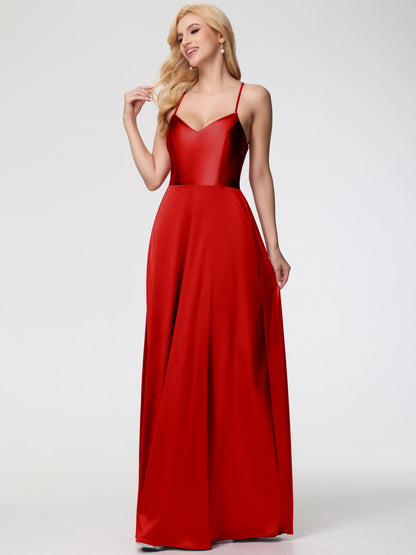 Red Bridesmaid Dress A Line Spaghetti Straps V-Neck Floor Length Stretch Satin Bridesmaid Dress