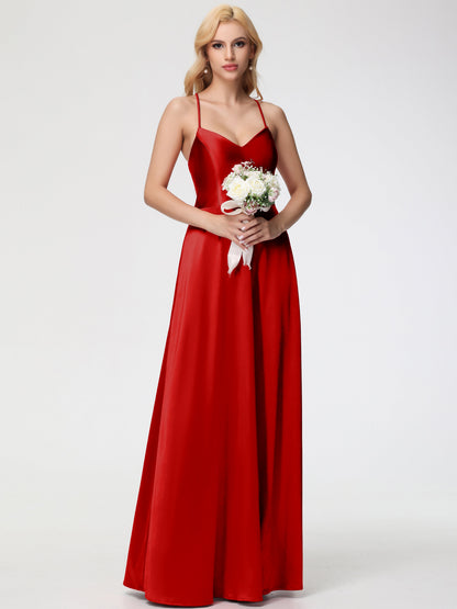 Red Bridesmaid Dress A Line Spaghetti Straps V-Neck Floor Length Stretch Satin Bridesmaid Dress