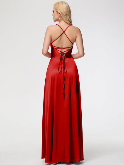 Red Bridesmaid Dress A Line Spaghetti Straps V-Neck Floor Length Stretch Satin Bridesmaid Dress