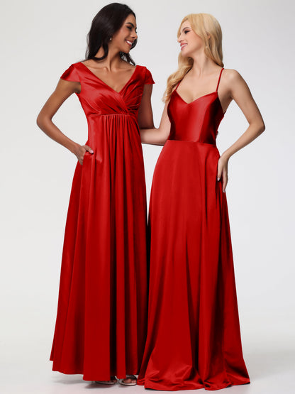 Red Bridesmaid Dress A Line Spaghetti Straps V-Neck Floor Length Stretch Satin Bridesmaid Dress