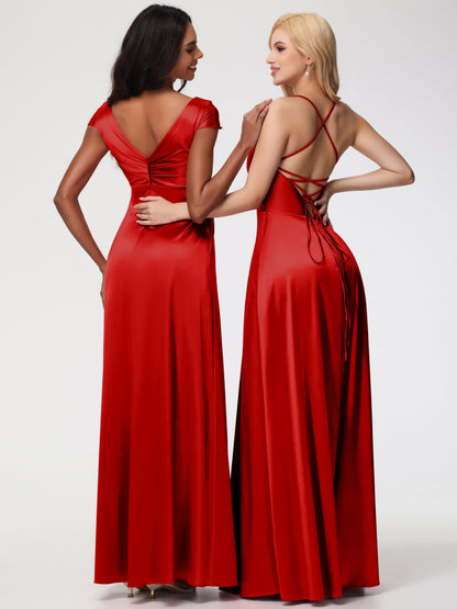 Red Bridesmaid Dress A Line Spaghetti Straps V-Neck Floor Length Stretch Satin Bridesmaid Dress