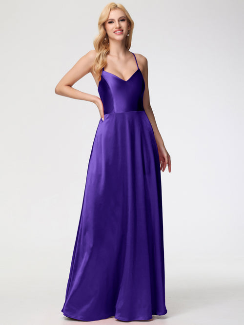 Regency Bridesmaid Dresses A Line Spaghetti Straps V-Neck Floor Length Stretch Satin Bridesmaid Dress