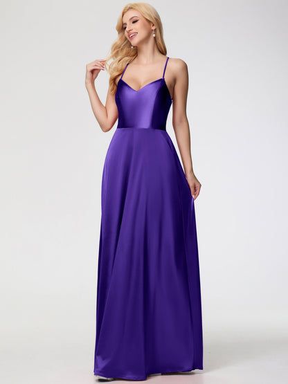 Regency Bridesmaid Dresses A Line Spaghetti Straps V-Neck Floor Length Stretch Satin Bridesmaid Dress