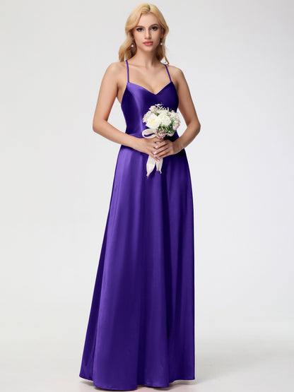 Regency Bridesmaid Dresses A Line Spaghetti Straps V-Neck Floor Length Stretch Satin Bridesmaid Dress