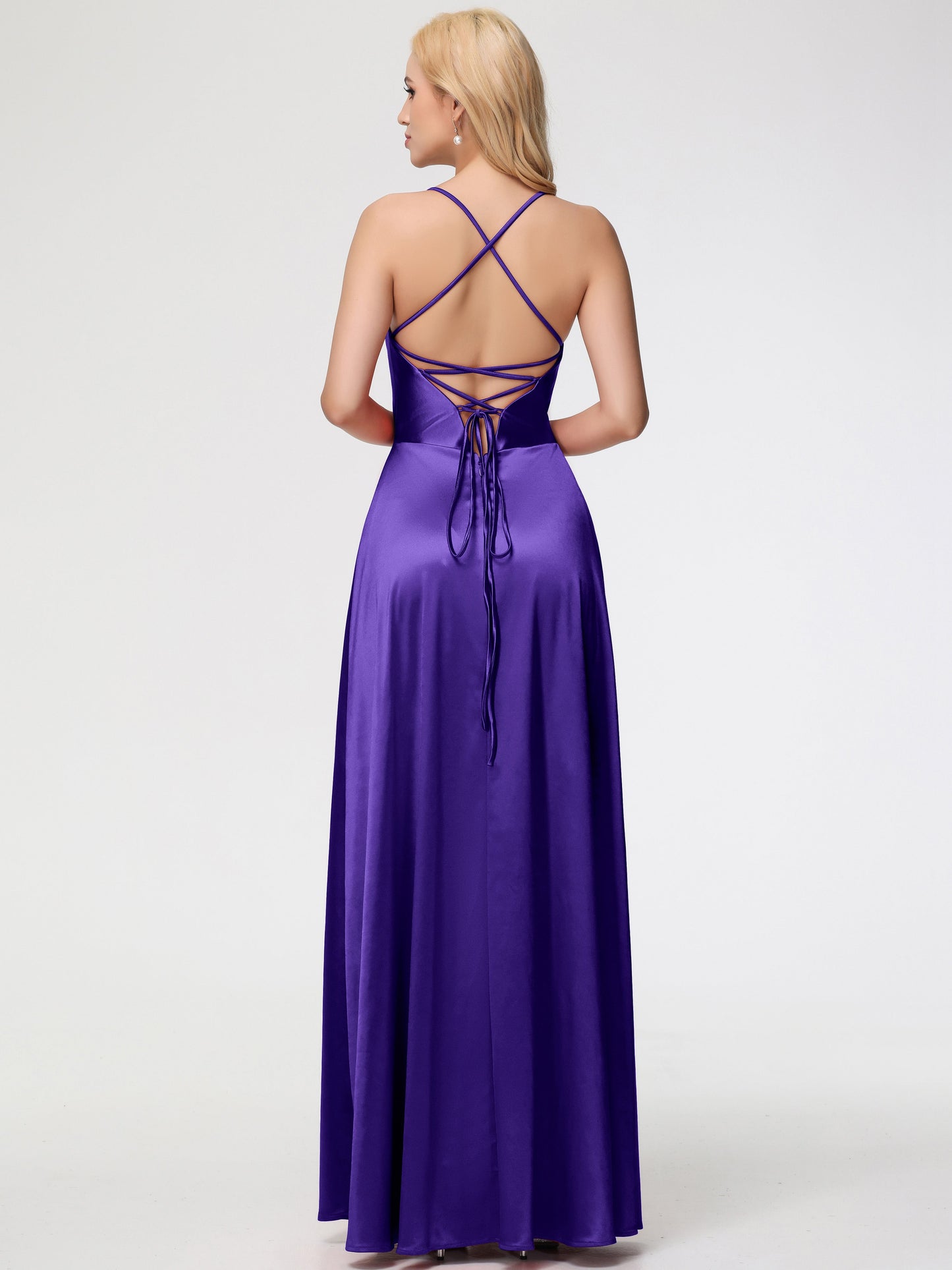 Regency Bridesmaid Dresses A Line Spaghetti Straps V-Neck Floor Length Stretch Satin Bridesmaid Dress