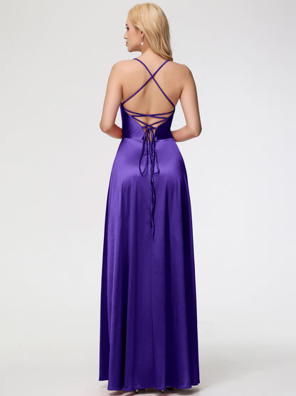 Regency Bridesmaid Dresses A Line Spaghetti Straps V-Neck Floor Length Stretch Satin Bridesmaid Dress
