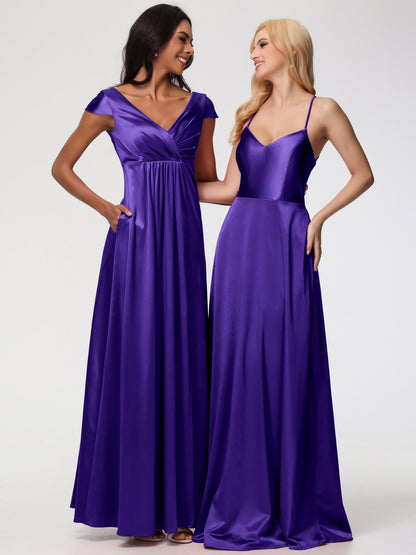 Regency Bridesmaid Dresses A Line Spaghetti Straps V-Neck Floor Length Stretch Satin Bridesmaid Dress
