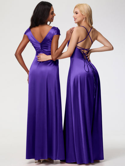 Regency Bridesmaid Dresses A Line Spaghetti Straps V-Neck Floor Length Stretch Satin Bridesmaid Dress