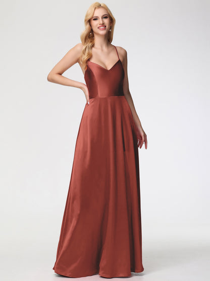 Rust Bridesmaids Dresses A Line Spaghetti Straps V-Neck Floor Length Stretch Satin Bridesmaid Dress